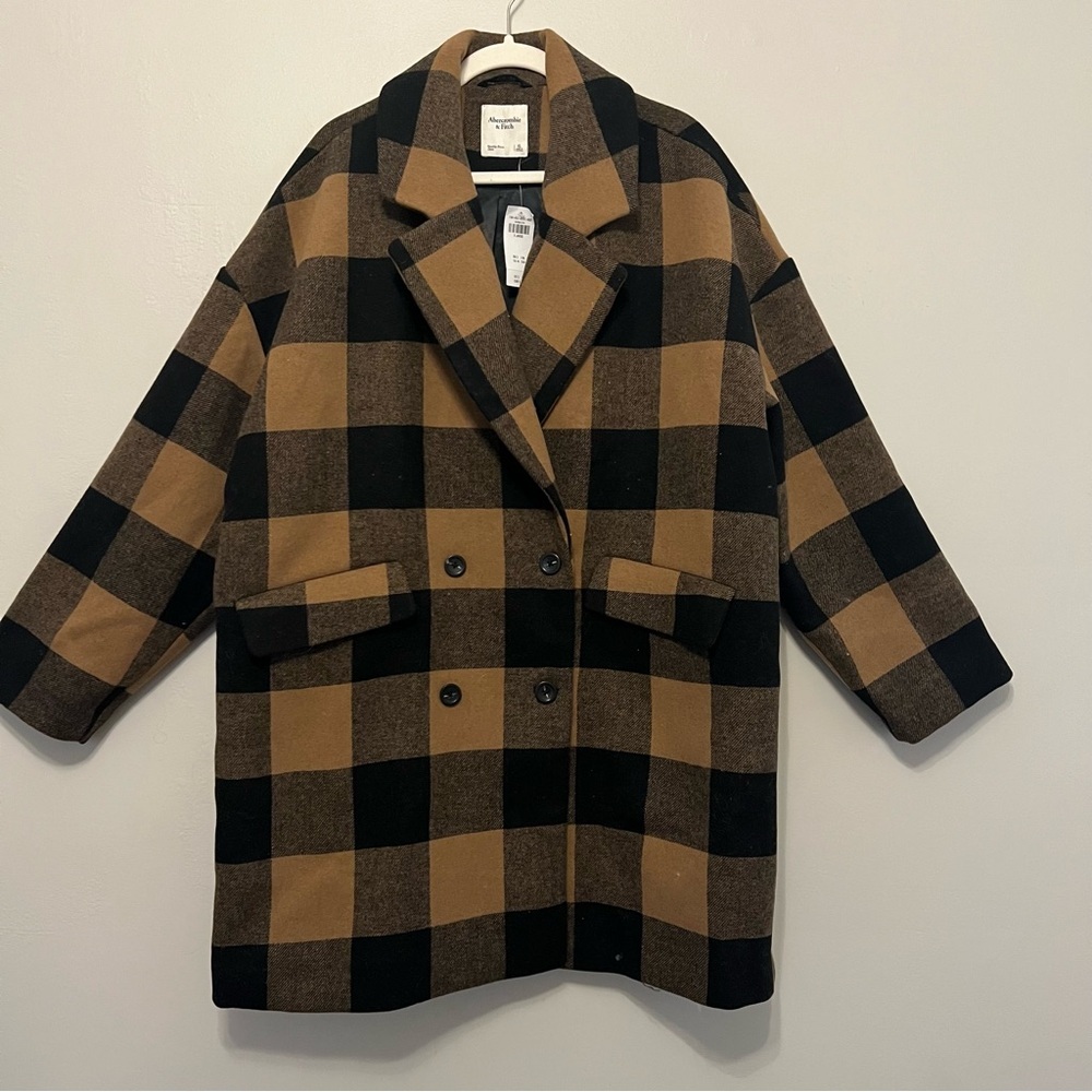 NWT Abercrombie & Fitch Plaid Buffalo Check Oversized Wool Blend PeaCoat Size XL